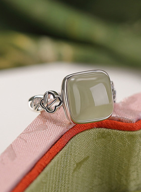 山予棠S925纯银和田玉晴水玉竹叶复古新中式几何方形百搭戒指指环