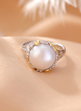 山予棠S925纯银镀金淡水珍珠复古轻奢叶子圆珠戒指气质百搭银指环