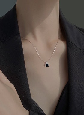 925纯银黑色方块项链女新款几何