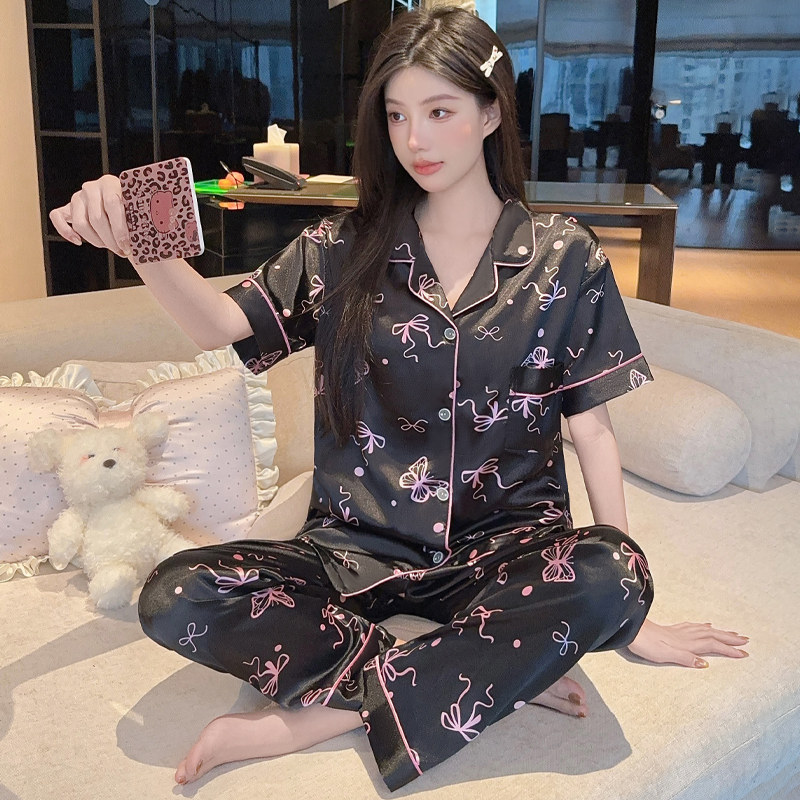 夏季新款短袖长裤韩版仿真丝绸性感蕾丝花边休闲居家服两件套装女,淘宝优惠券,粉丝福利购,淘宝优惠卷