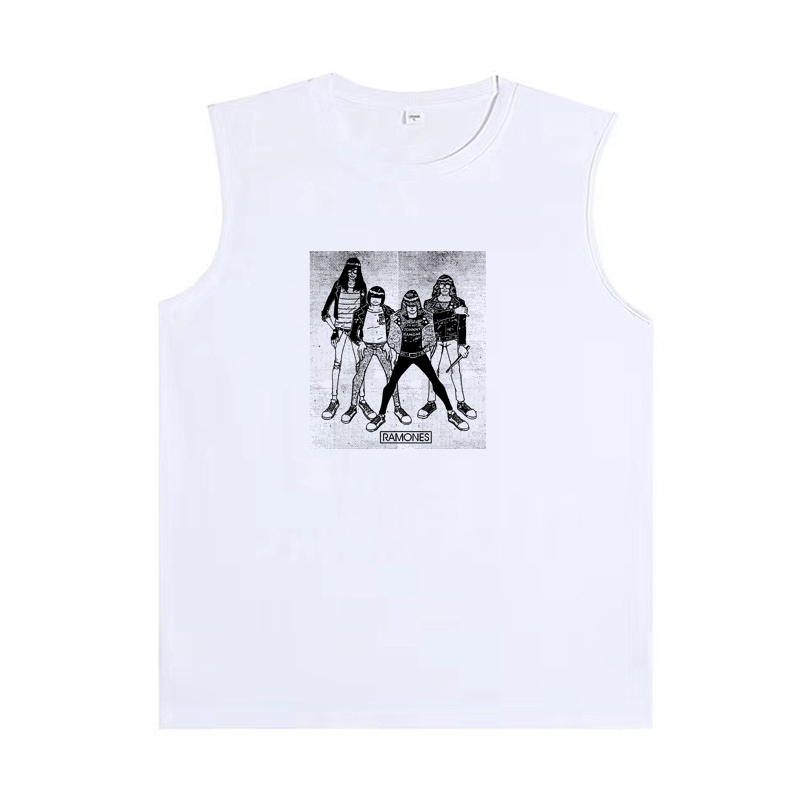 Ramones卡通手绘黑白拓印复古朋克摇滚男女夏季纯棉短袖T背心坎肩 - 图2