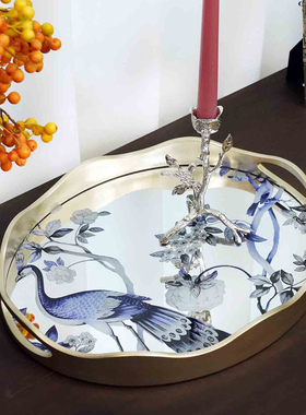 新古典现代镜面艺术椭圆圆形装饰收纳托盘家用奢华软装茶盘摆件