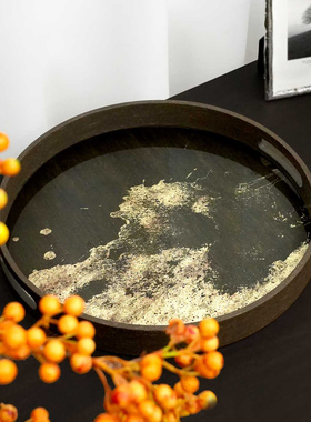 新中式现代玻璃墨染年轮艺术圆形装饰收纳托盘家用茶盘酒具托盘