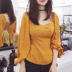 Xuân 2018 xoài vàng điểm vàng tay áo xếp ly phía sau áo voan thun thun - Áo sơ mi chiffon ren ao cong so Áo sơ mi chiffon ren