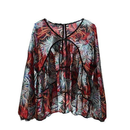Красная блузка с защитой от солнца и тропическим принтом в стиле ретро