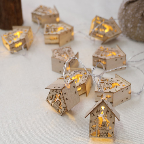 圣诞节装饰品木质LED房子灯立体镂空五星灯节日场景布置雪花串灯 - 图0
