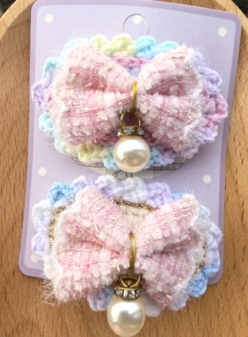 (成品DIY)手工毛线发夹粉色蝴蝶结儿童发饰刘海发夹可爱卡通头饰