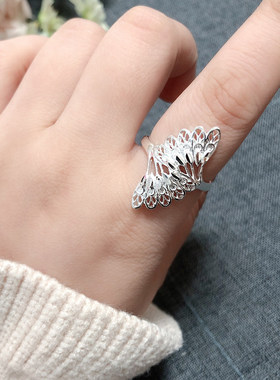 银戒指女999纯银个性夸张足银活口开口戒名族风孔雀食指指环戒子