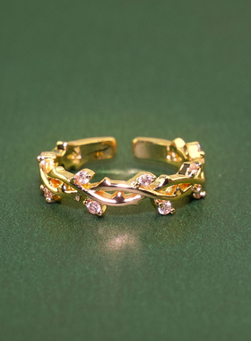 原创设计ins玫瑰藤蔓复古戒指14k包金锆石镶嵌可调节轻奢指环