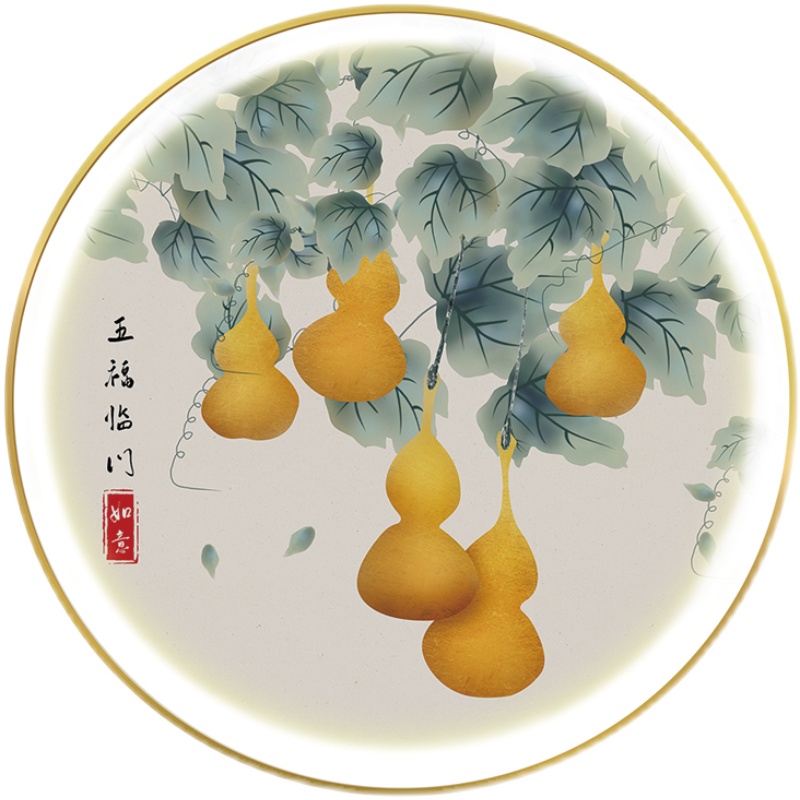 五福临门葫芦带灯画新中式入户玄关装饰画中国风进门挂画圆形壁画