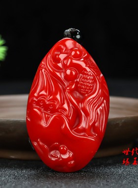 新疆和田玉鸡血玉莲年有鱼挂件天然红玉富贵鱼把件原石手把件腰挂