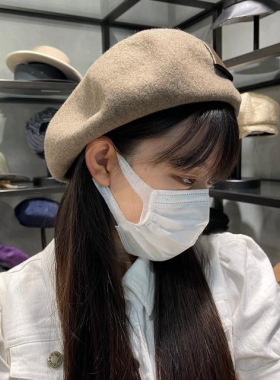 日系甜美皮质蝴蝶结贝雷帽冬季