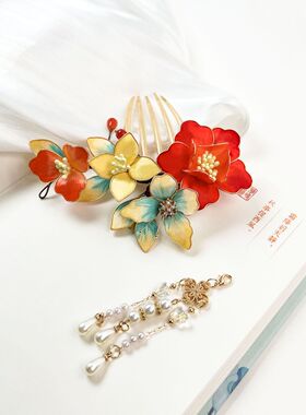非遗绒花新中式古风发夹温婉精致旗袍搭配汉服头饰红色系端庄典雅