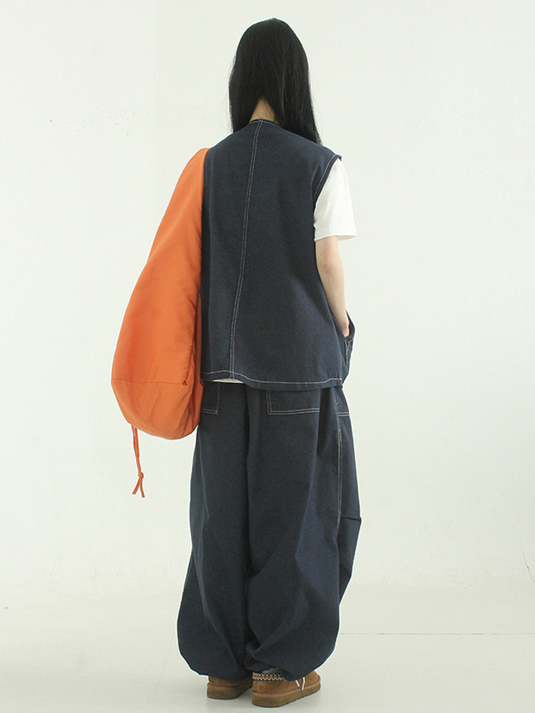 韩国代购 stitch denim balloon pin tuck pants 拼色扎线牛仔裤 - 图2