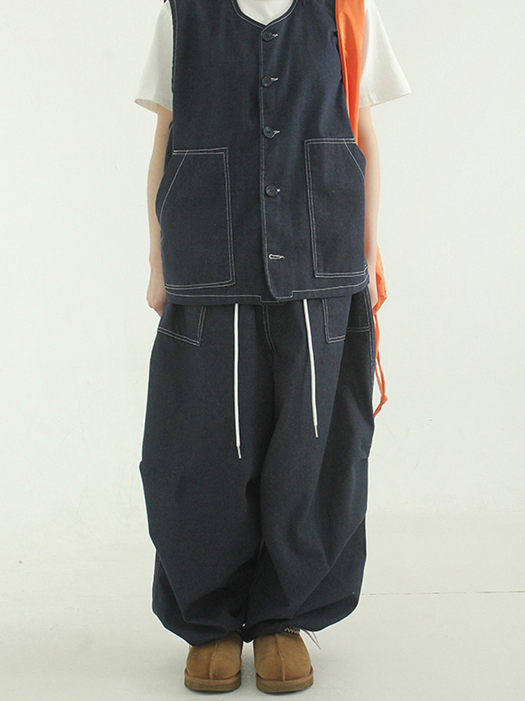 韩国代购 stitch denim balloon pin tuck pants 拼色扎线牛仔裤 - 图0