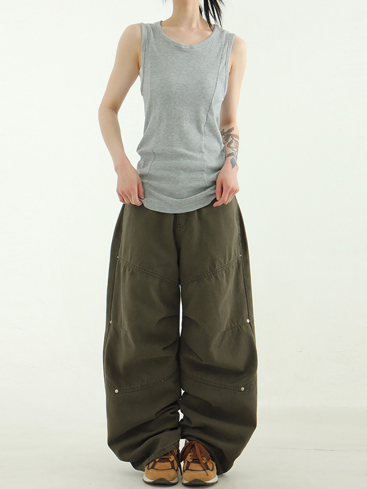 韩国代购24 pin tuck rivet washed cotton wide pants设计师长裤 - 图2