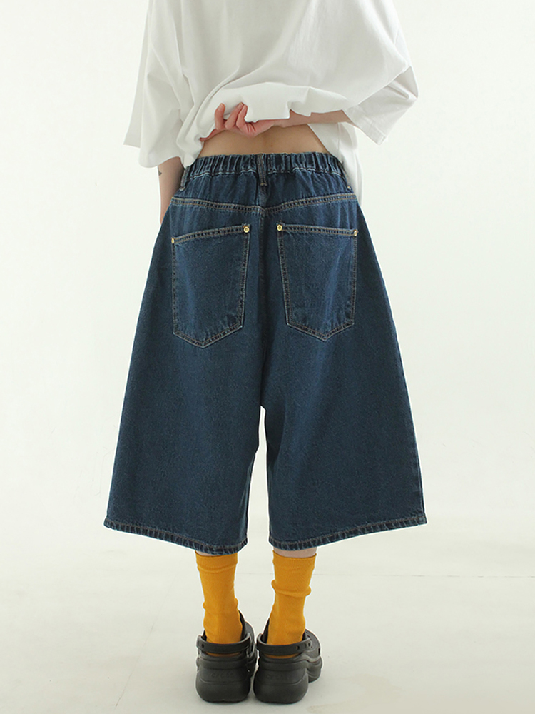 韩代23S/S pin tuck denim half banding pants捏褶半腿牛仔裤女 - 图1