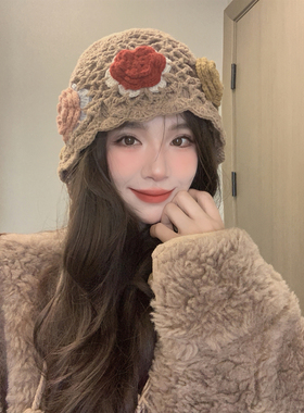 日系甜美花朵针织手工帽子女秋冬