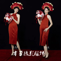 Movie House Pregnant Woman Big Belly Photos With Floral Writing True Theme Red Qipao Personality Retro Pregnancy Indoor Dress Writing True