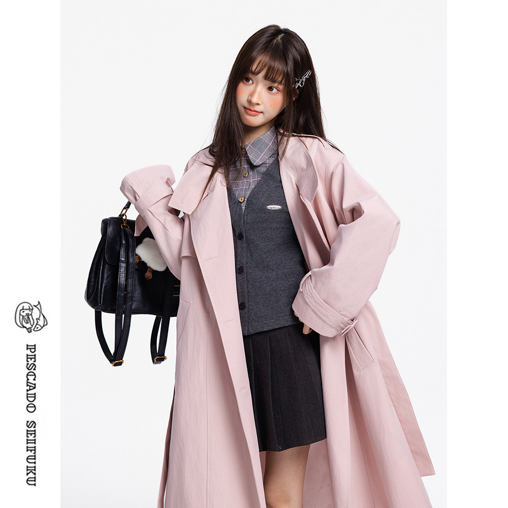 甜鱼少盐[蔓藤枝]粉色风衣外套女2026新款早春小个子显瘦长款大衣,淘宝优惠券,粉丝福利购,淘宝优惠卷