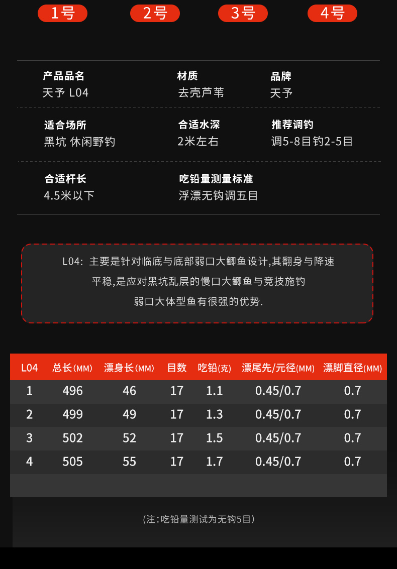 天予浮漂L04去壳芦苇枣核清晰灵敏黑坑竞技鲫鱼大罗非轻弱滑底口 - 图1