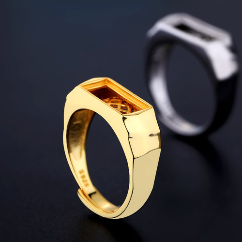 S925银戒指空托切面菱面方形石位镶嵌绿松石蜜蜡情侣戒托男女6*13 - 图1