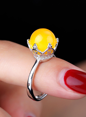 s925纯银女戒指空托10琥珀蜜蜡到