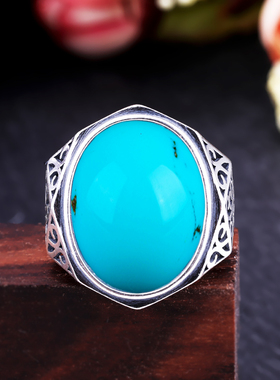 925纯银镶嵌绿松石diy蜜蜡戒托男