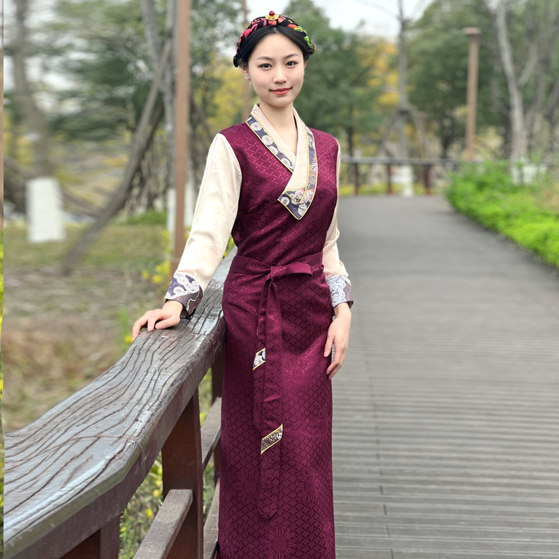 新款藏族服装女康巴藏袍拼色西藏服民族风锅庄裙花边藏式博拉藏服 - 图0