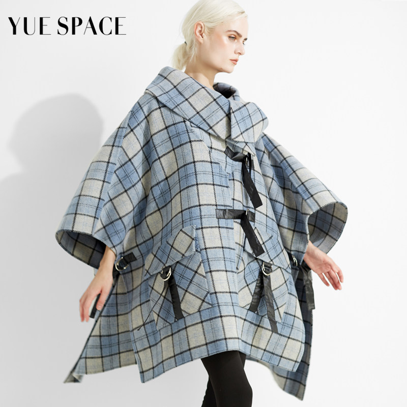 YUESPACE秋冬女士双面羊毛大衣外套斗篷中长款宽松呢子休闲格子蓝,淘宝优惠券,粉丝福利购,淘宝优惠卷