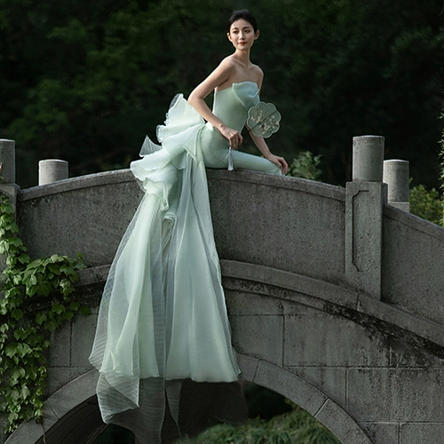 Зеленое свадебное платье для влюбленных, китайский стиль, крой «рыбий хвост»