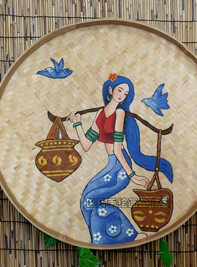 手绘竹编簸箕画云南特色装饰画