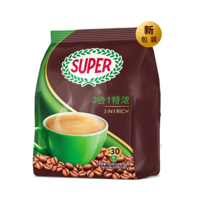 新加坡进口super超级咖啡特浓三合一540g少糖少脂提神即溶30条袋 - 图0