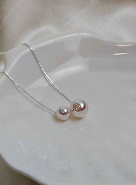 人造海水正圆极光樱花粉项链女简约冷淡风锁骨链气质双珠路路通