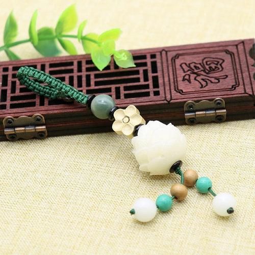 汽车挂件菩提莲花饰品文玩白玉菩提手工雕刻diy吊坠钥匙扣包挂坠 - 图0