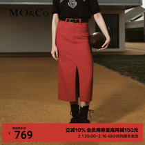 MOCO2023 autumn New products High waist A word open fork retro red cotton quality denim skirt half body dress MBC3SKT030