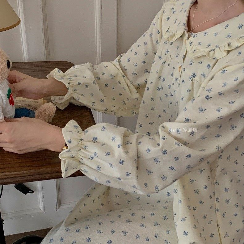 奶蓝小碎花睡衣女春秋款纯棉绒布家居服冬季纯欲风磨毛法兰绒睡裙,淘宝优惠券,粉丝福利购,淘宝优惠卷
