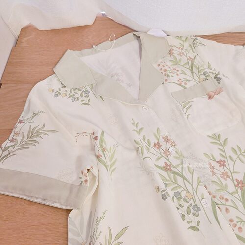 睡衣女夏季竹纤维纱布密境小鹿长袖短袖长裤春秋款竹棉家居服套装 - 图0