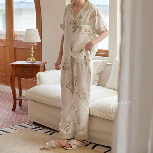 睡衣女夏季竹纤维纱布密境小鹿长袖短袖长裤春秋款竹棉家居服套装 - 图2