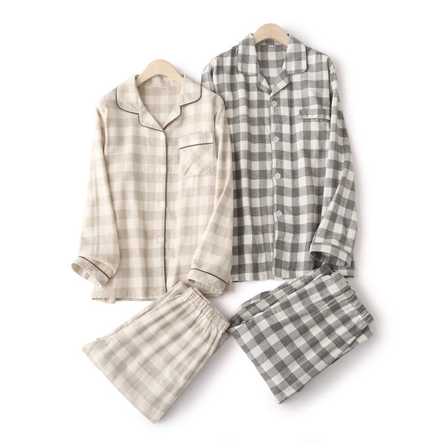 ຝ້າຍບໍລິສຸດແປງ plaid ຄູ່ຜົວເມຍເຄື່ອງນຸ່ງເຮືອນແບບຍີ່ປຸ່ນ