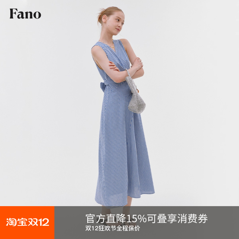 范洛Fano 蓝白格纹显瘦连衣裙女2025夏季新款V领绑带收腰格子长裙