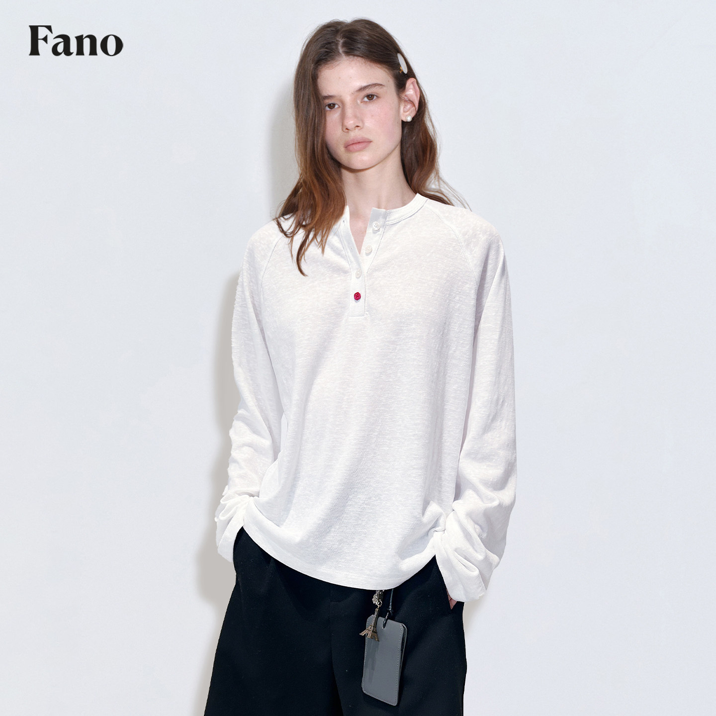 范洛Fano 休闲肌理感雪花棉亮色扣点缀插肩袖亨利领长袖t恤女春季,淘宝优惠券,粉丝福利购,淘宝优惠卷