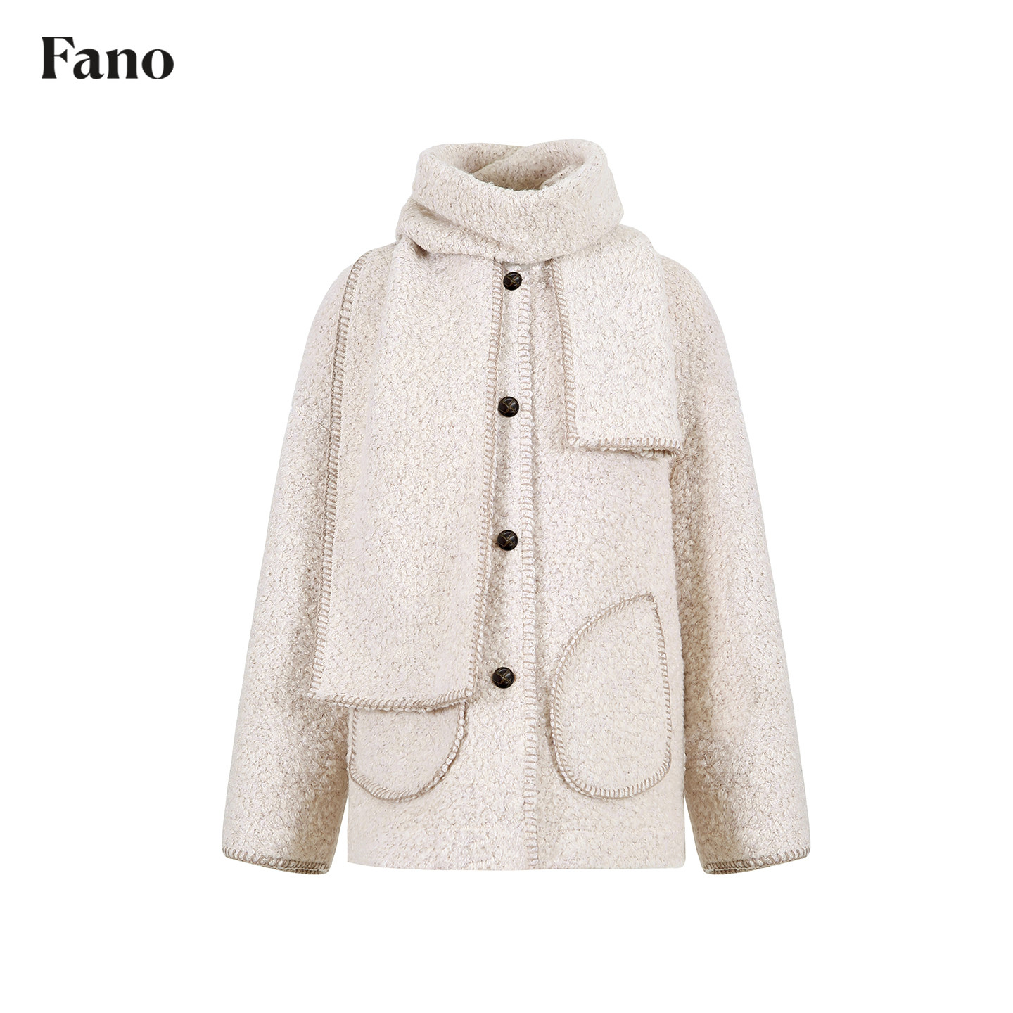 范洛Fano 糯感杂米色圈圈呢撞色E字贝可拆卸围巾毛呢外套两件套女,淘宝优惠券,粉丝福利购,淘宝优惠卷