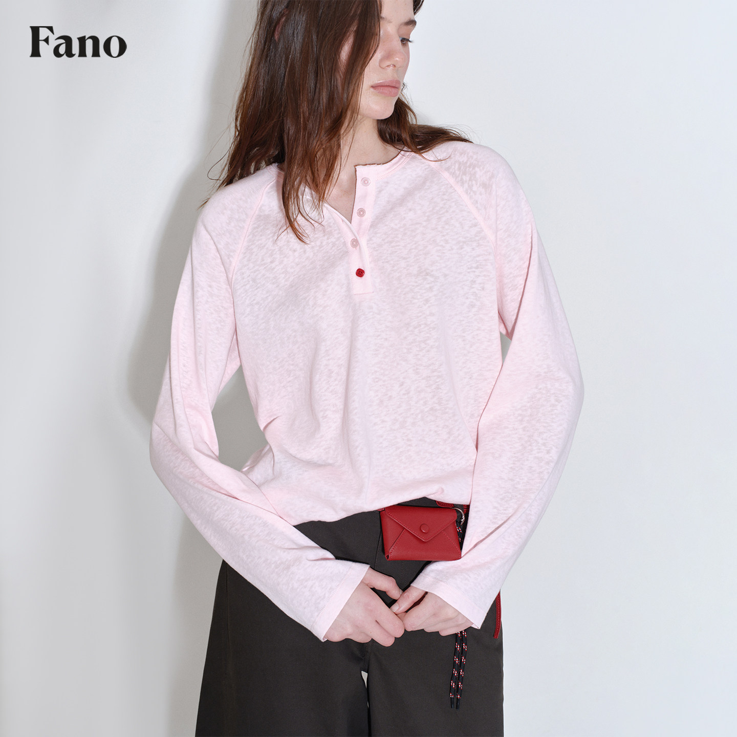 范洛Fano 休闲肌理感雪花棉亮色扣点缀插肩袖亨利领长袖t恤女春季,淘宝优惠券,粉丝福利购,淘宝优惠卷