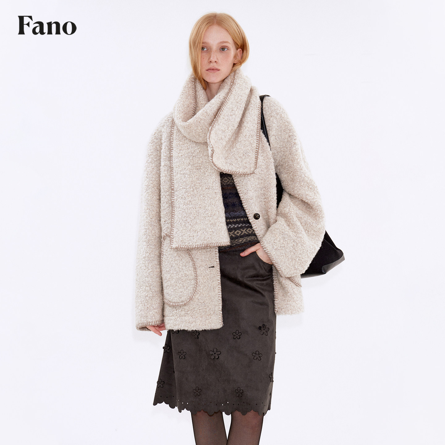 范洛Fano 糯感杂米色圈圈呢撞色E字贝可拆卸围巾毛呢外套两件套女,淘宝优惠券,粉丝福利购,淘宝优惠卷