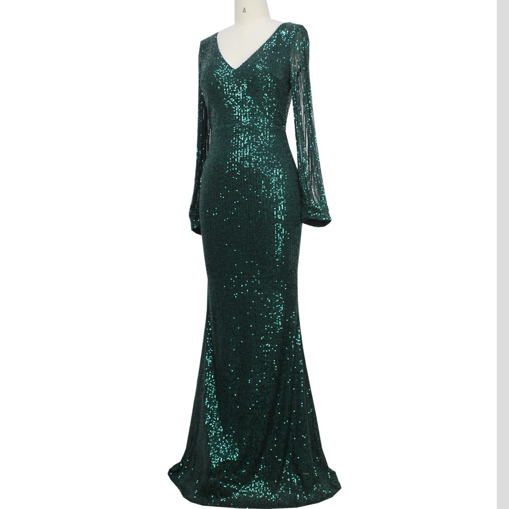 2019秋冬跨境热销新款欧美长款长袖女装流苏长袖亮片鱼尾晚礼服