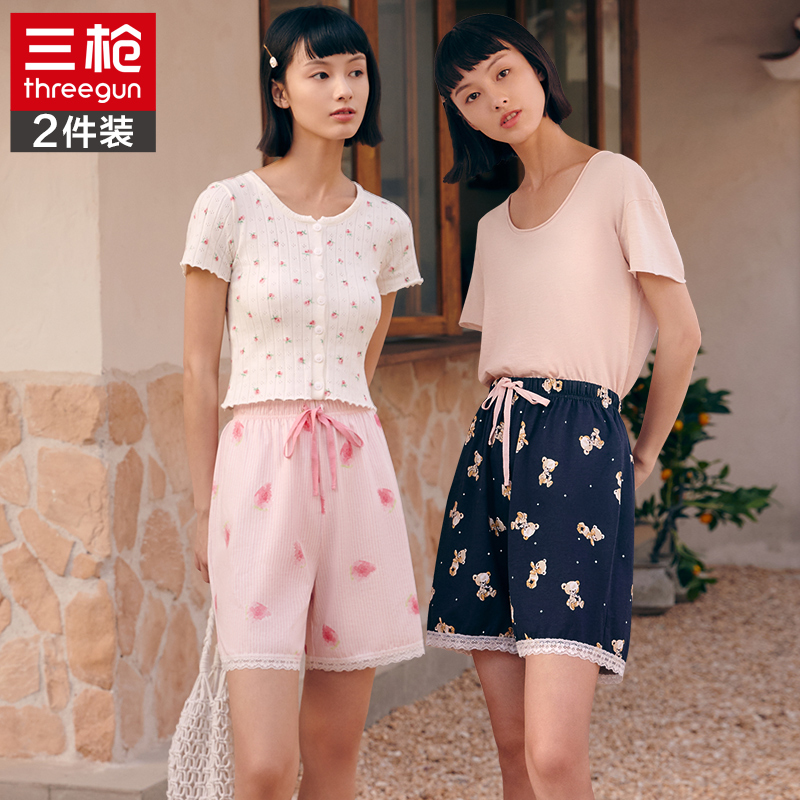 [2 Pack] three gun home pants 2021 new pure cotton home printing lace up all cotton women's Shorts PAJAMAS