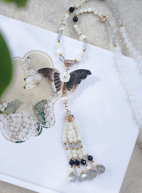 画染墨蝶水墨蝶贝蝴蝶流苏项链
