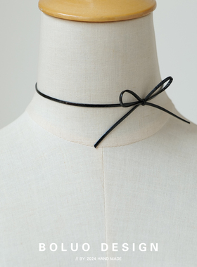 菠萝手作黑色PU皮蝴蝶结项圈