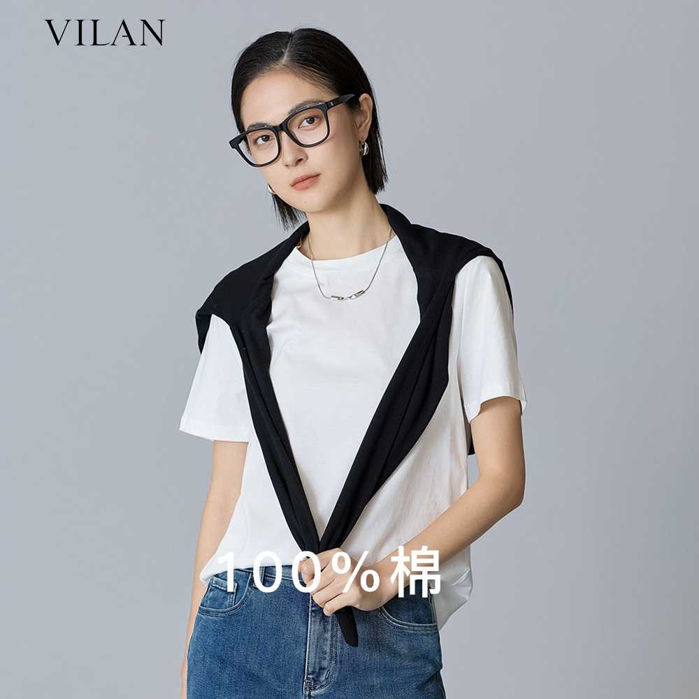 vilan/慧兰短袖白T恤衫女夏季2024新款上衣女装正肩宽松半袖显瘦 - 图0